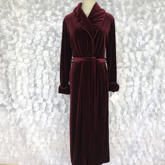 No Brand Other - VTG Woman’s LONG Plush Velvet Bath Robe SMALL Burgundy Red Elegant Jasmine Rose